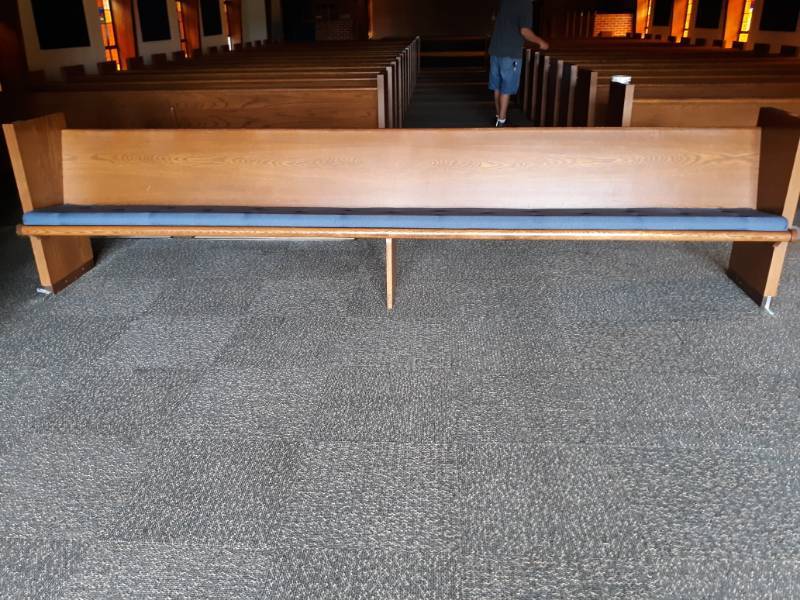 lot 5110 image: 12 Church Pew Blue Upholstered Some may have scratches or minor damage Please Inspect