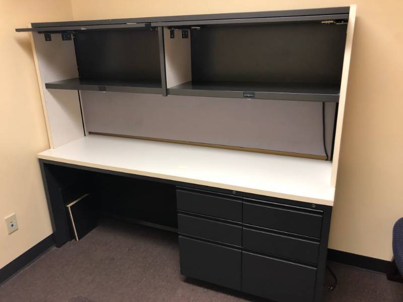 lot 4289 image: Metal Grey and Mahogany Desk with Storage Above