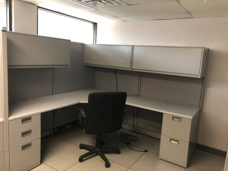 lot 4330 image: Steel Case Office Cubical with Desk and Built in Shelving with Lighting