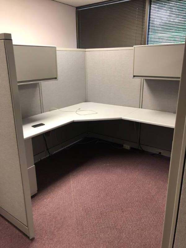 lot 4374 image: Steel Case Office Cubical with Desk and Built in Shelving with Lighting
