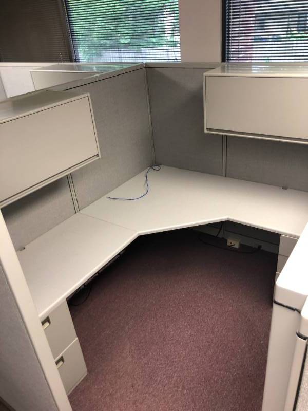 lot 4375 image: Steel Case Office Cubical with Desk and Built in Shelving with Lighting