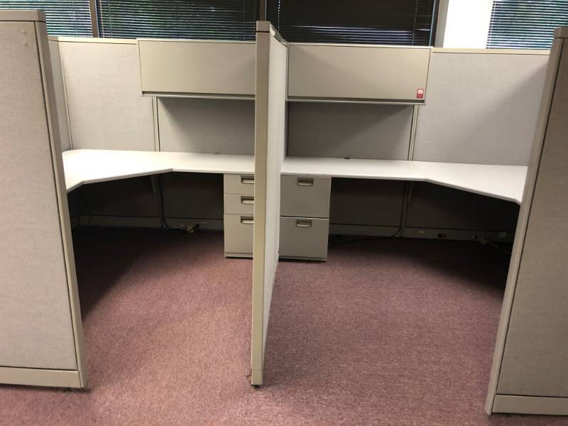 lot 4376 image: Double Steel Case Office Cubical with Desk and Built in Shelving with Lighting