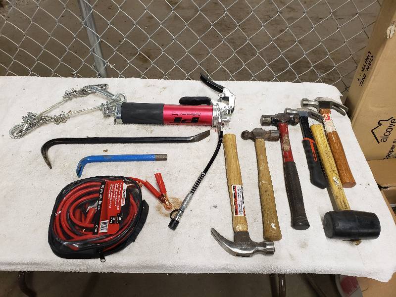 lot 10853 image: Hammers, Jumper Cables, Grease Gun and More