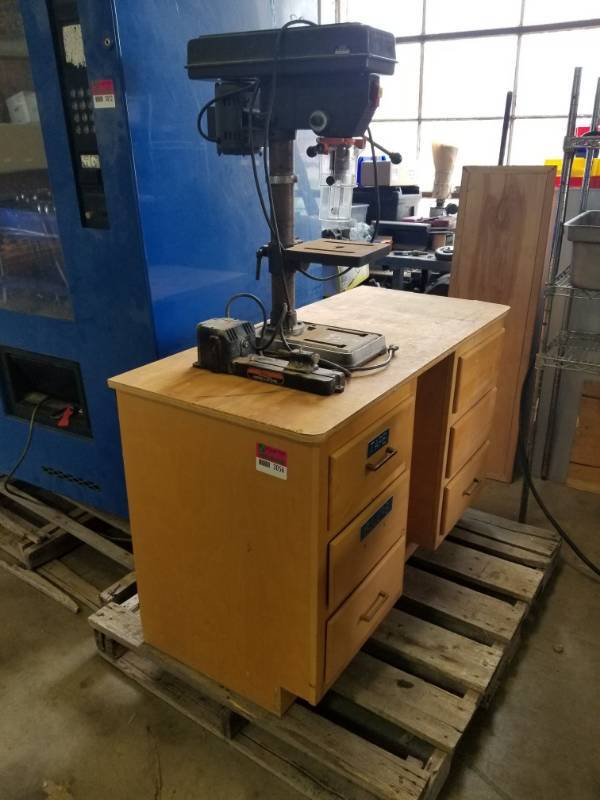 lot 3056 image: Craftsman 10in Drill Press, Sears Mini Lathe, And Cabinet