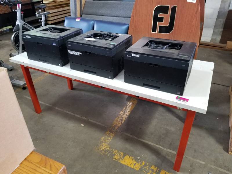lot 3093 image: 3 Dell Printers 2330dn and 6FT Table