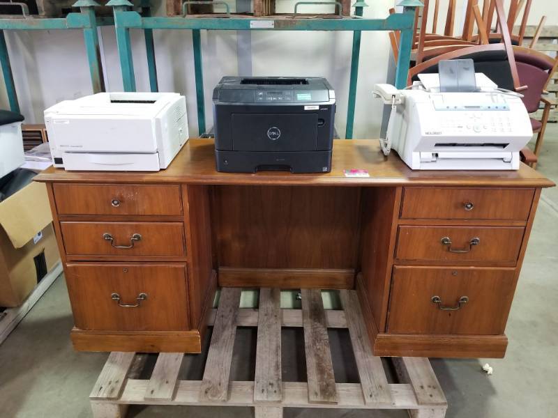 lot 3143 image: Wood Office Desk, 2 Printers, and 1 Fax Machine
