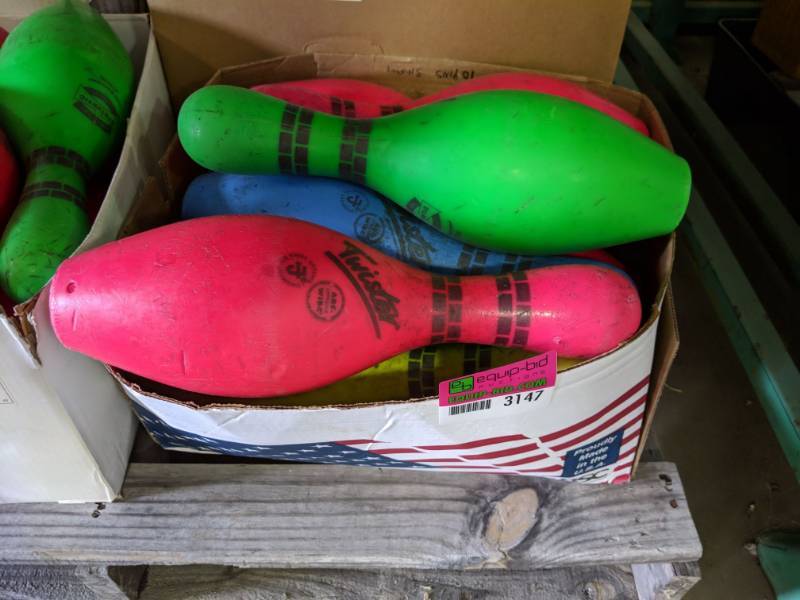 lot 3146 image: (10) Multi Colored Used Bowling Pins