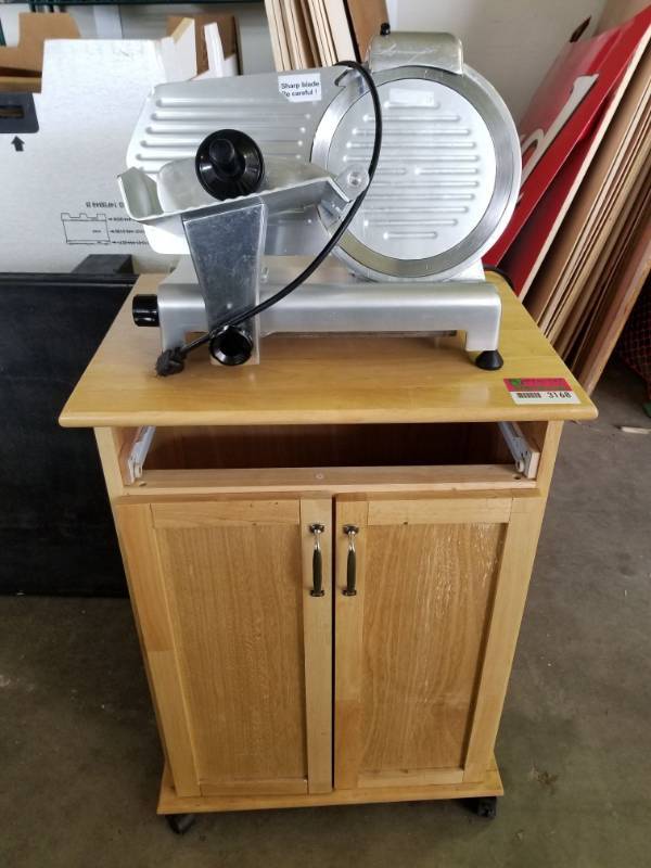lot 3168 image: Electric Meat Saw and Small Cabinet on Wheels