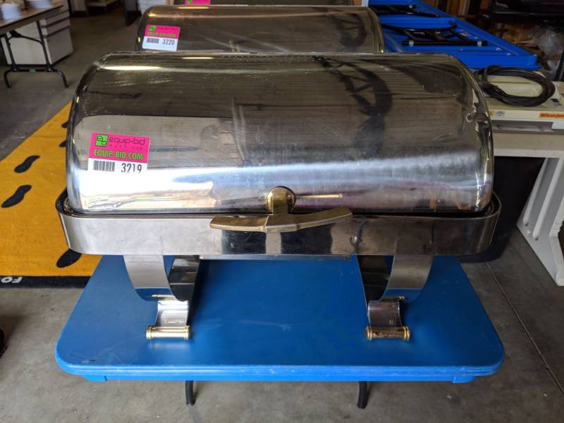 lot 3222 image: Rolltop Stainless And Brass Hot Food Server