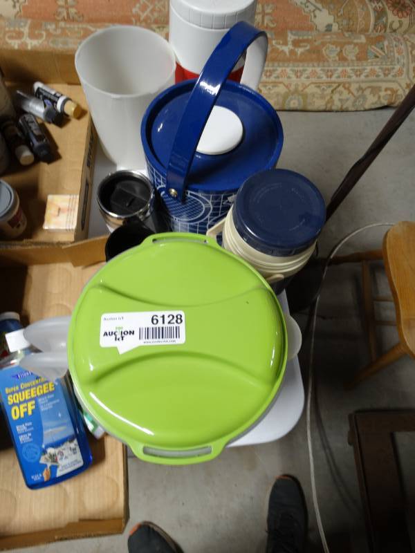 lot 6128 image: water jugs, tea container, thermo bottle and more.