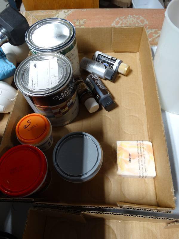 lot 6129 image: Lot with small cans of paintprimer, 12 pint spackling compound, 12 pint tile grout and more.