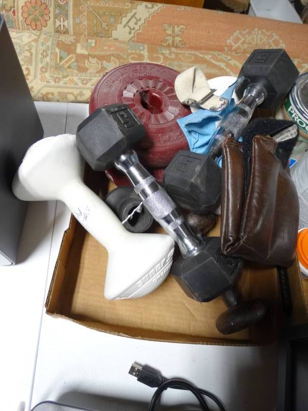 lot 6131 image: Lot of hand held weights and bar weights.
