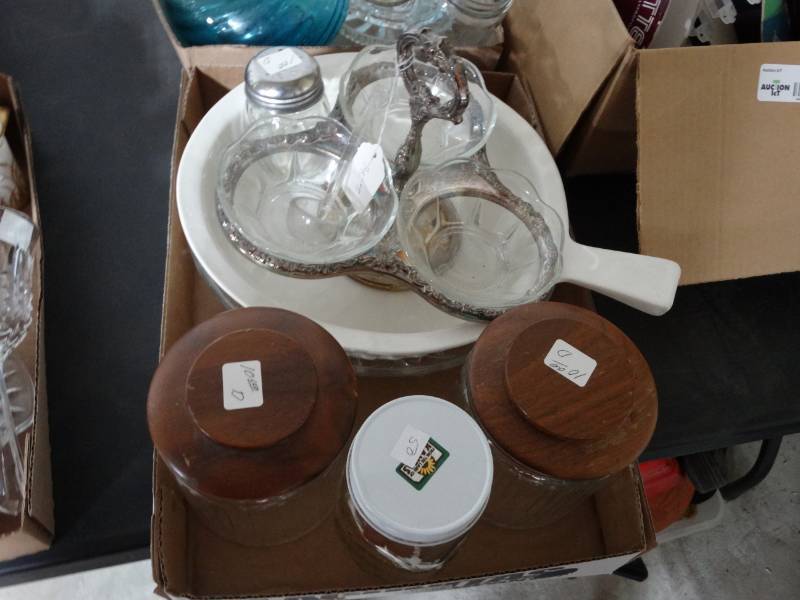 lot 6296 image: Lot with canisters with lids, jar with lid, 3 bowl tray with laddel and more.