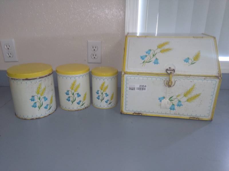 lot 2354 image: Vintage Metal Bread Box and Matching Metal Canister Set