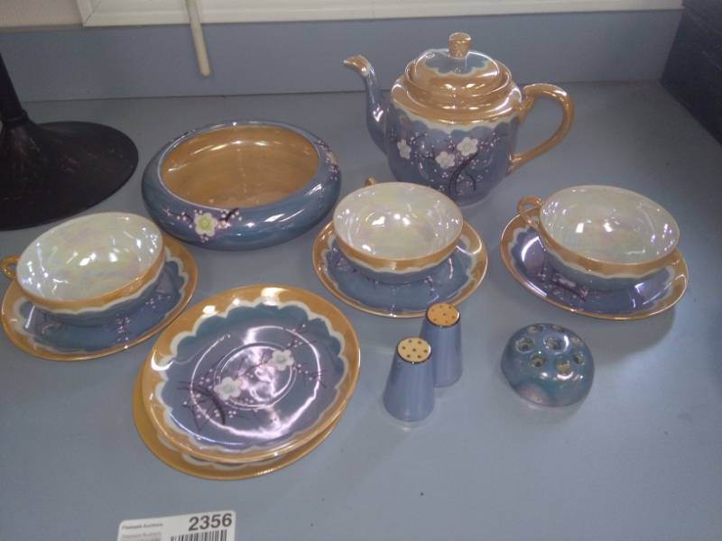 lot 2356 image: TT Hand Paint Blue Cherry Blossom Tea Service Set Made in Japan - Takito Company Taisho to Showa period 1921 - 1941