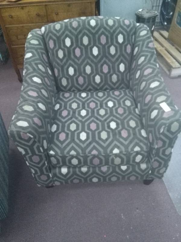 lot 2365 image: Grey Arm Chair with PurpleWhite Diamond Pattern