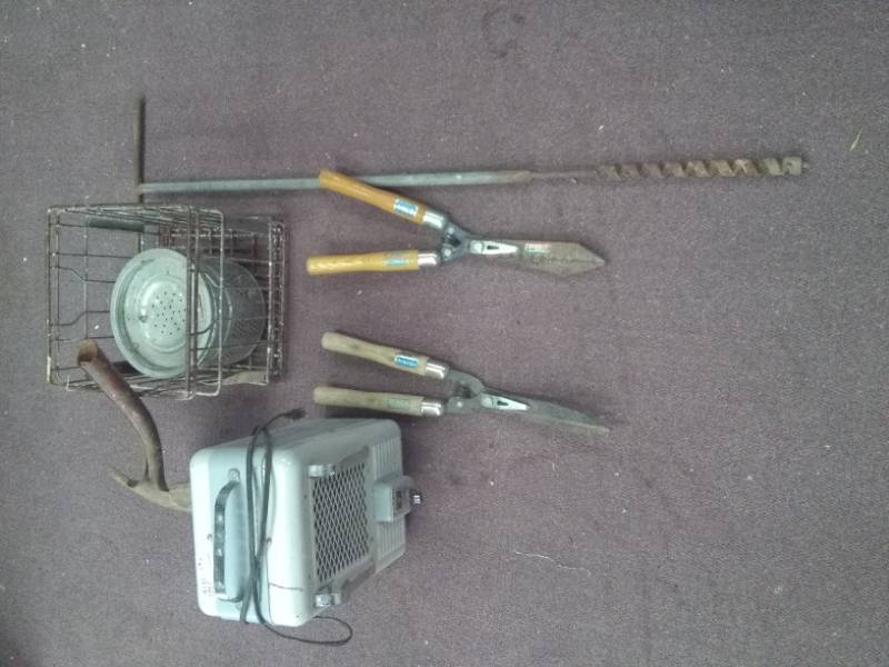 lot 2381 image: Metal Milk Crate, Shovel Head, Barn Heater, Hand Drill, 2 Hedge Trimmers