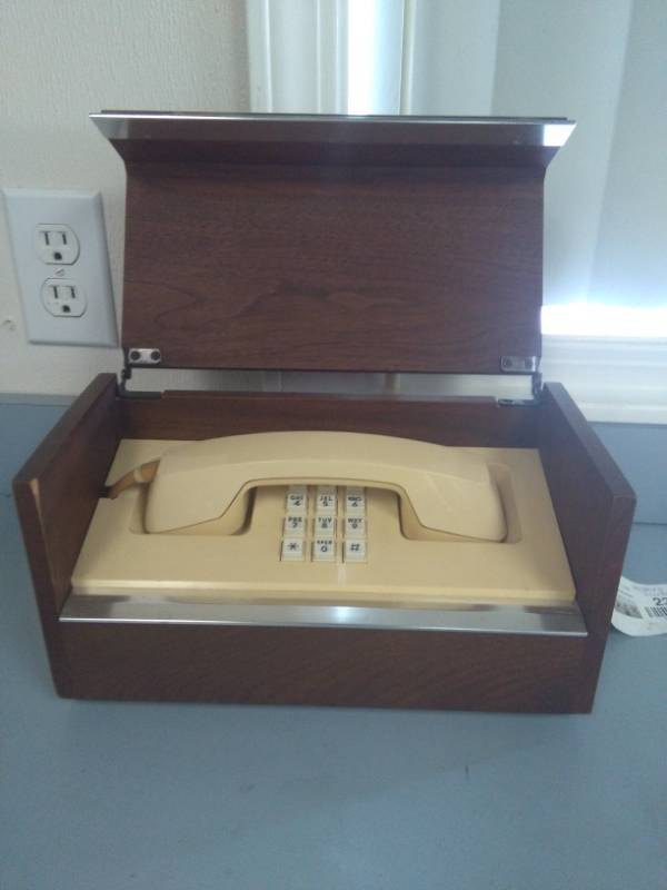 lot 2390 image: Vintage Desk Phone in Mahogany Wood Box