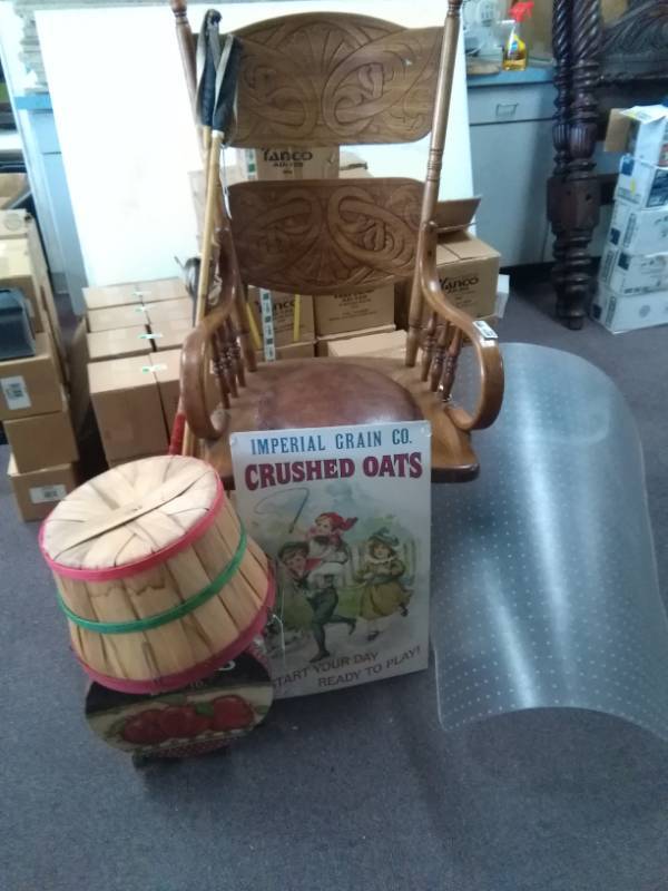 lot 3921 image: Vintage Wood Rolling Office Chair, Apple Basket Lamp, Polo Mallets, Chair Mat, Metal Advertising Oats Sign