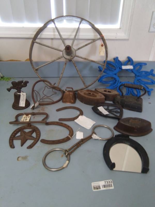 lot 7333 image: Iron and Metal Horseshoes, Bit, Wheel and Dcor