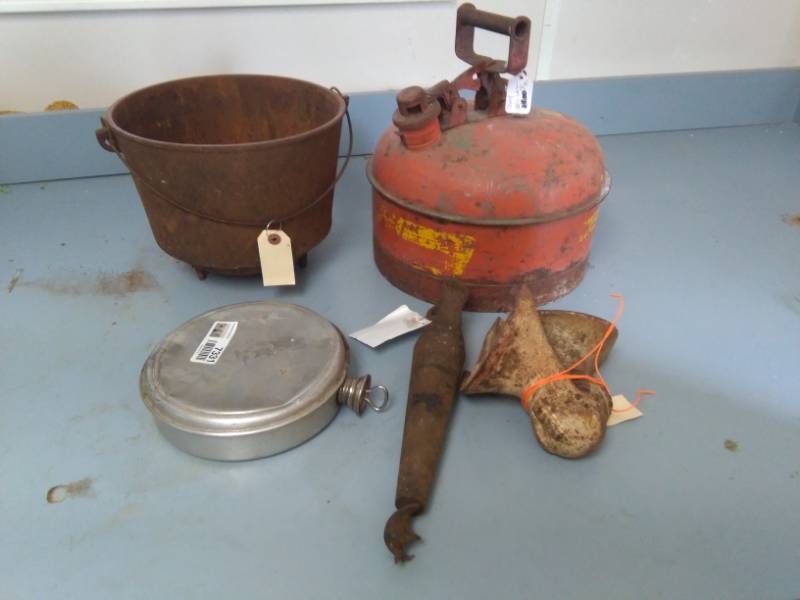 lot 7331 image: Early 1900s Metal Canteen and Other Metal  Iron Pieces