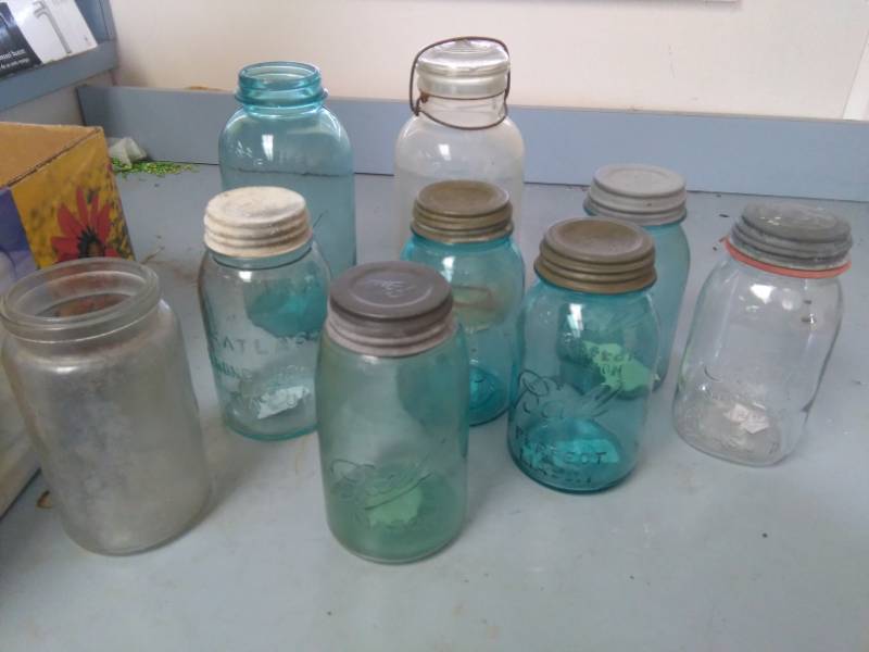lot 7330 image: Blue and Clear Vintage Canning Jars with Zinc Lids