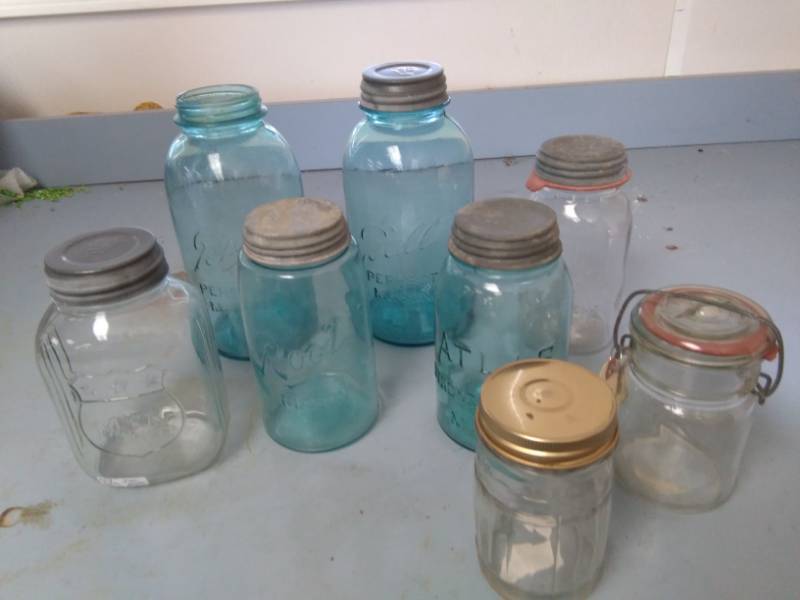 lot 6200 image: MFA Coffee Jar and Blue Vintage Jars with Zinc Lids