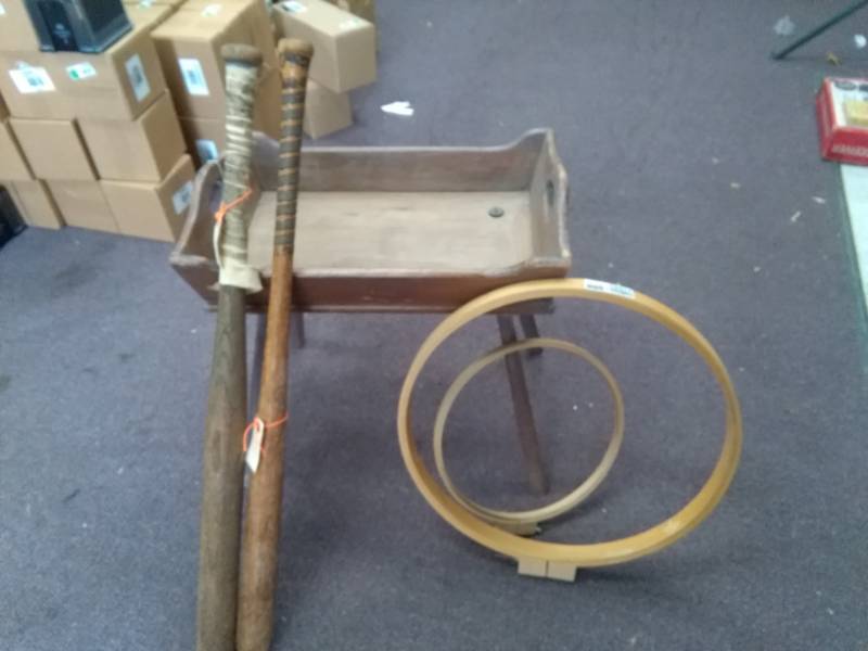 lot 10317 image: Wood Butlers Table, Vintage Wood Bats, Embroidery Hoops and Wood Stool