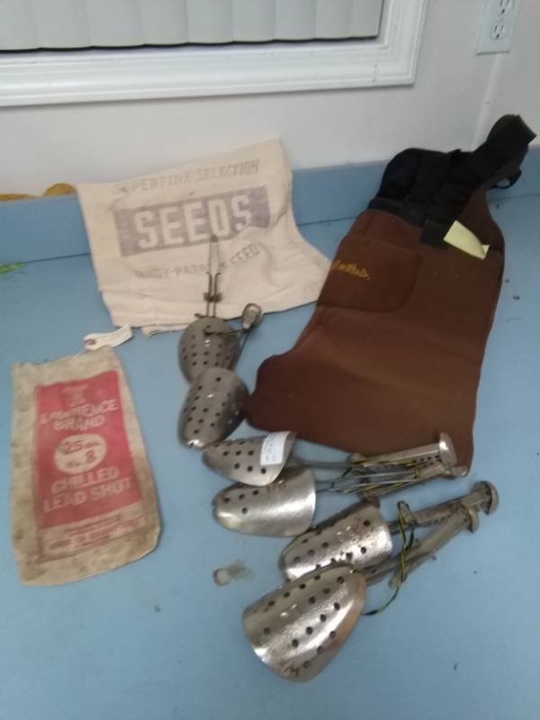 lot 9069 image: Vintage Bags, Shoe Stretchers, Cabelas Waders