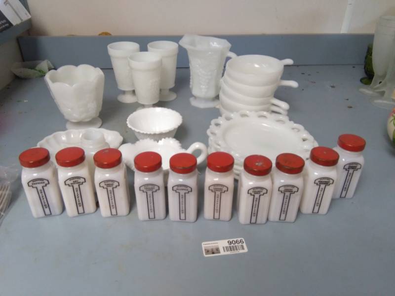 lot 9066 image: Milk Glass and Spice Jars Lot