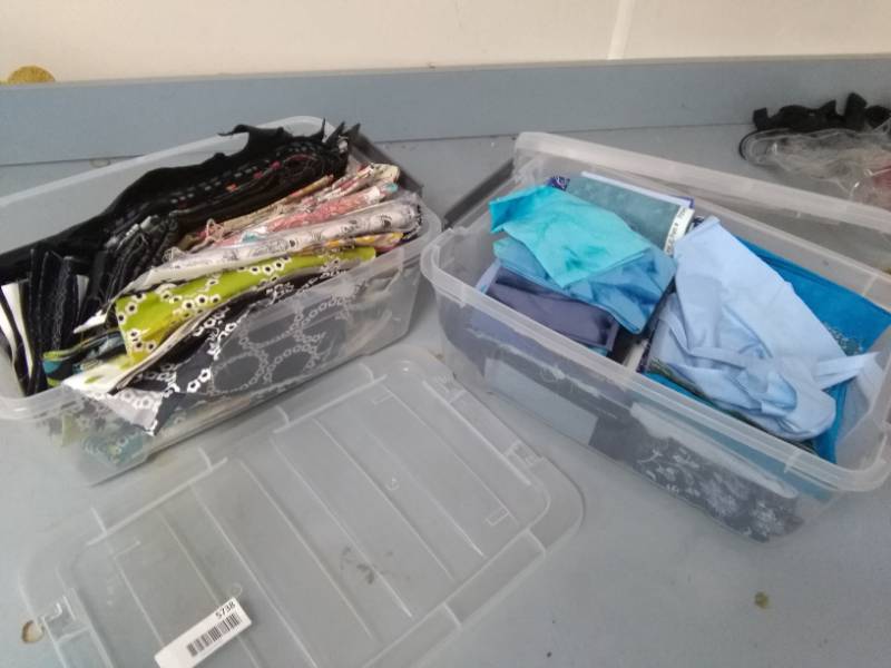 lot 5738 image: Black and Blue Quilting Fabrics in 2 Totes