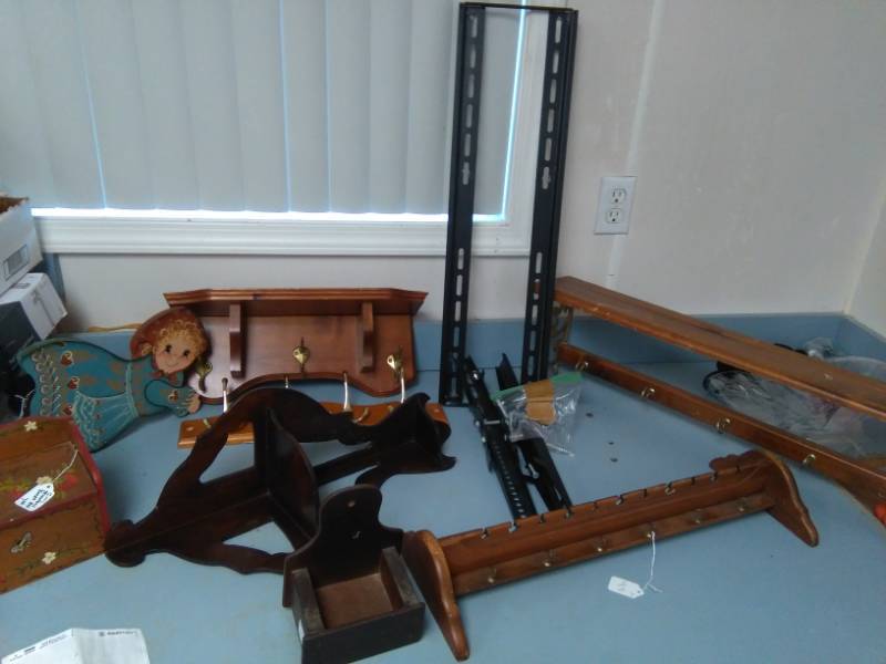 lot 5743 image: Large TV Wall Mount Bracket and Mounting Rails, Lots of Wood Shelves