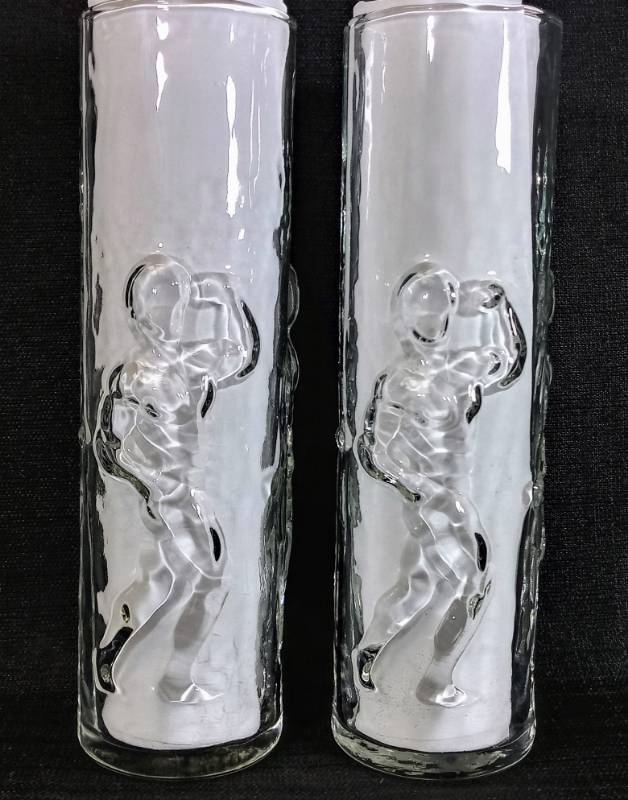 lot 1805 image: Vintage Libbey LHomme Mid Century Nude Muscle Men Glass Vase  Set of 2