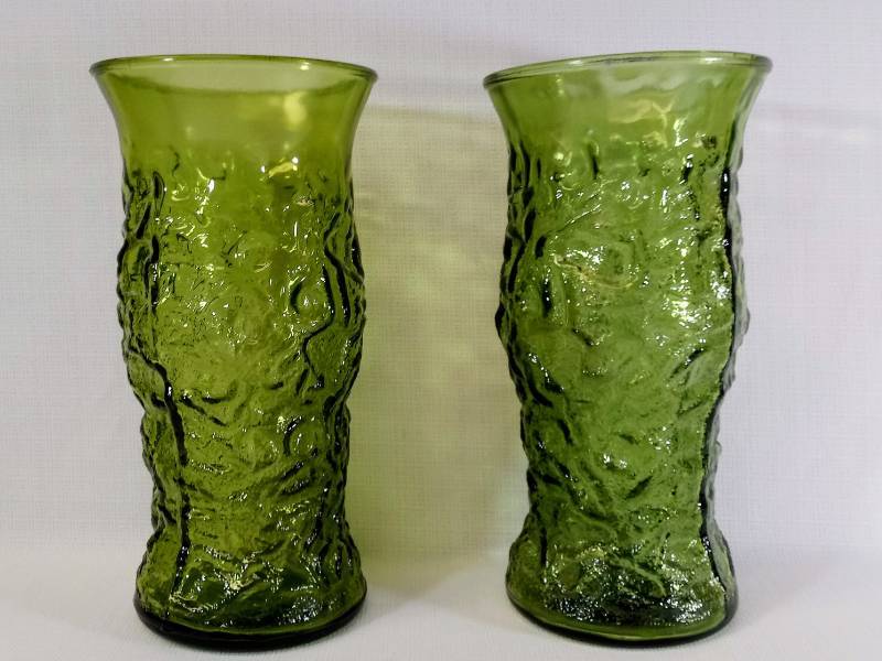 lot 1813 image: 2 Vintage E.O. Brody Co.   Large Dark Green Crinkle Glass Vases