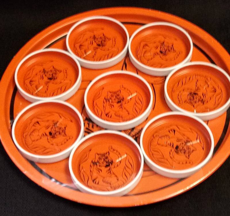 lot 1832 image: Vintage Hand Screened Norex  Drink Coasters Tray- Sealed  OrangeTigers