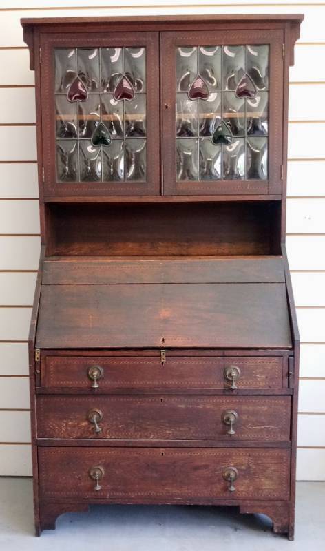 lot 1 image: Simply Beautiful Antique Secretary or Hoosier Cabinet- Inlay-Brass Pulls- Statement Piece