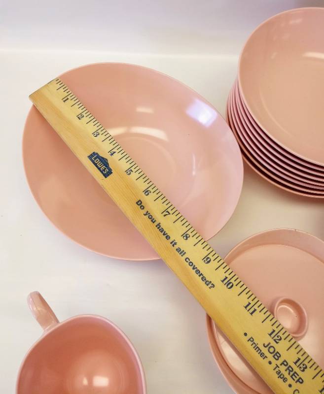 lot 1797 image: WOW-  Pink Melmac Lot-  Sigar-Creamer- Bowls and More