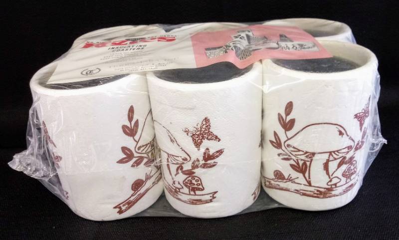 lot 1794 image: Vintage Sealed Styrofoam Koozies- 70s Throwback- 6 pack- Mushrooms
