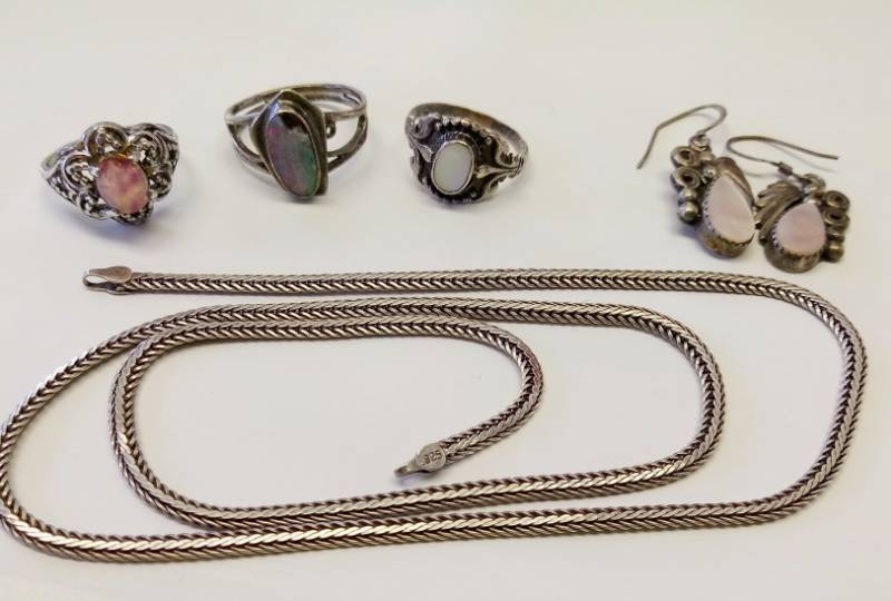 lot 1880 image: Silver Jewelry Lot- .925 Chain- Ear Rings- 3 Rings