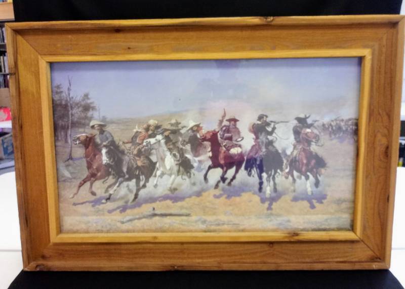 lot 2303 image: Framed Fredric Remington Print- Rustic Wood Frame- Large Piece  A Dash For Timber