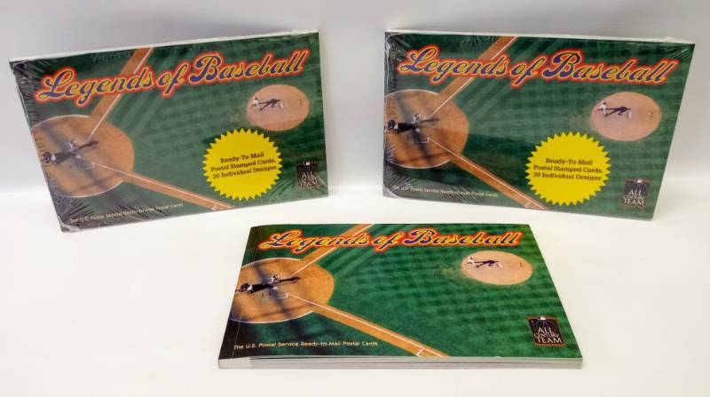 lot 2327 image: 3- Legends of Baseball- Pre-Stamped Postal Cards- 2 Are Sealed
