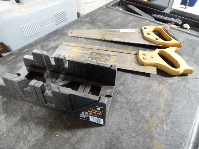 lot 6397 image: 2 Hand saws and a mitter box.