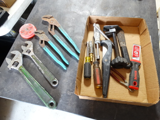 lot 6471 image: Lot with tire pressur guage, paint scrapper, channel locks, crescent wrenches and more.