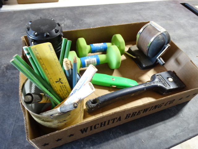 lot 6478 image: Lot with 3LB hand weights, box knife, tin with pencils, pencil sharpener, bulb head light and warner scrapper.