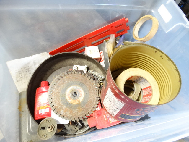 lot 6490 image: Lot with masking tape, nails, combination lock, saw blades and more.