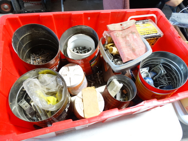 lot 6491 image: large lot with nails, staples, outlet sockets, nuts, bolts, screws and more.