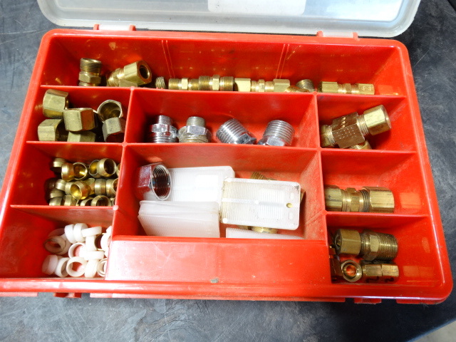 lot 6493 image: Lot with wobble wedges, nuts, brass compression fittings.