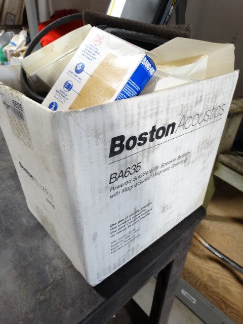 lot 6525 image: Box with blood pressure cup, badn aids, dressing sponges and more.