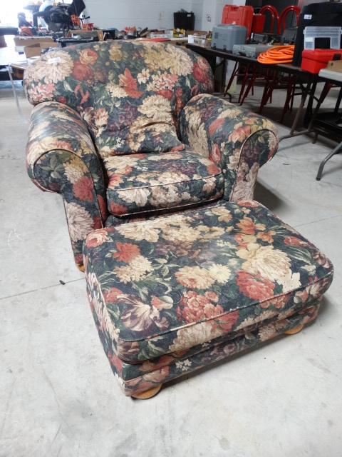 lot 6562 image: Floral chair and ottoman.