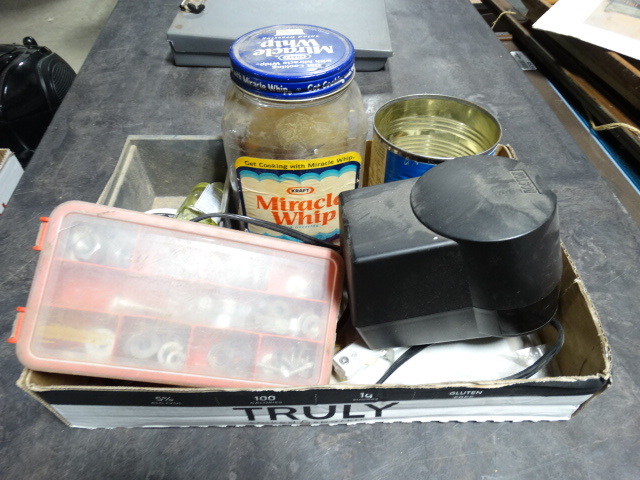 lot 6589 image: Lot with pencil sharpener, tools, tin with screws and more.